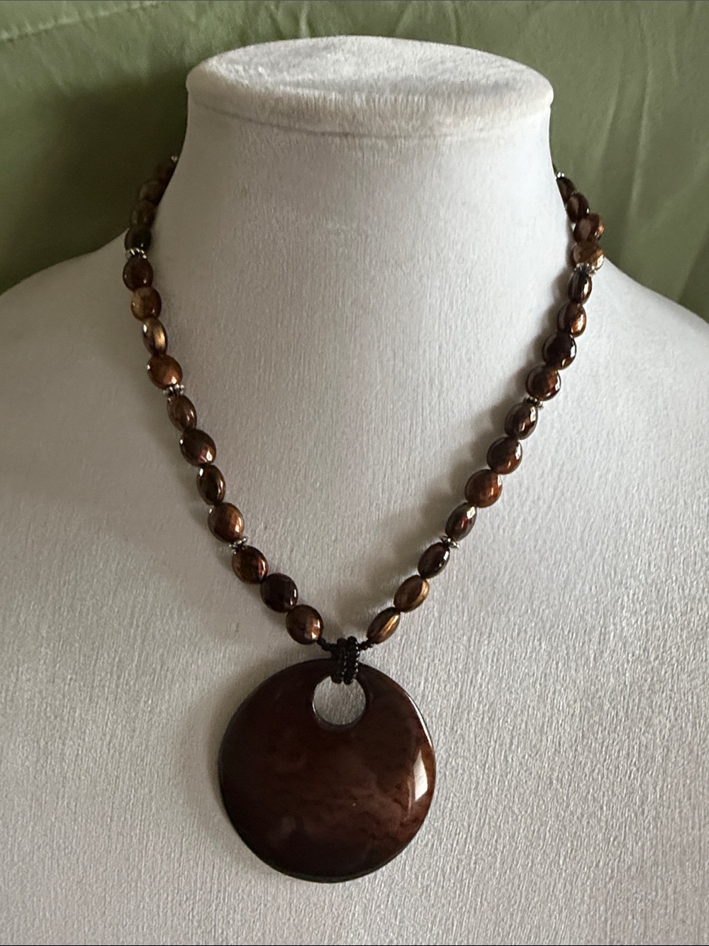 Cookie Lee Brown Beaded Necklace with Round Pendant
